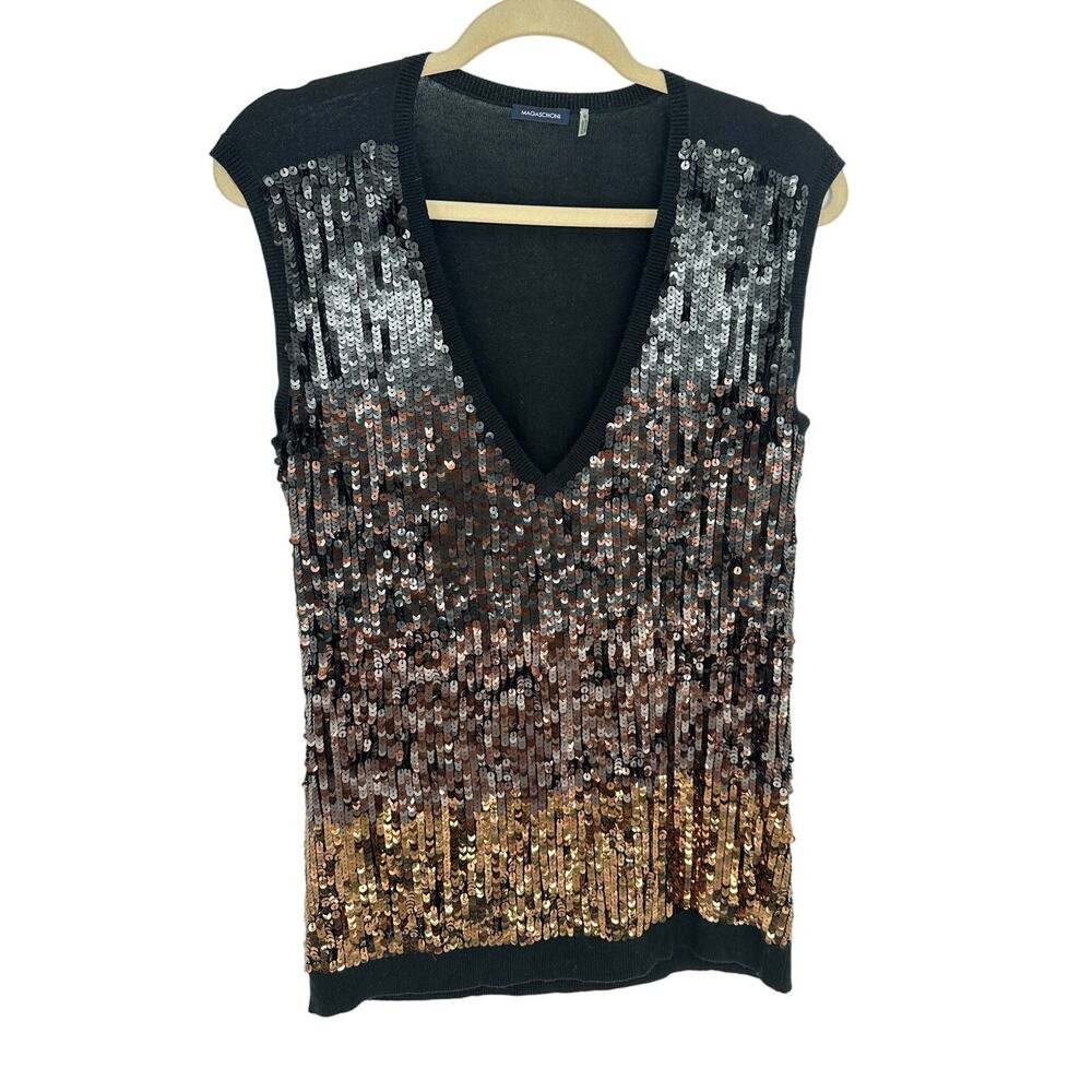 Magaschoni Size M Silk Cashmere Sequin Sleeveless Sweater V-Neck Ombre Gold EUC